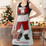 Funny Christmas chef santa suit and deer Apron<br><div class="desc">Funny Christmas chef santa suit and deer with the red suit of Santa,  his beard and a cute little baby reindeer wearing a scarf on a blue ice snowy and stars background.</div>