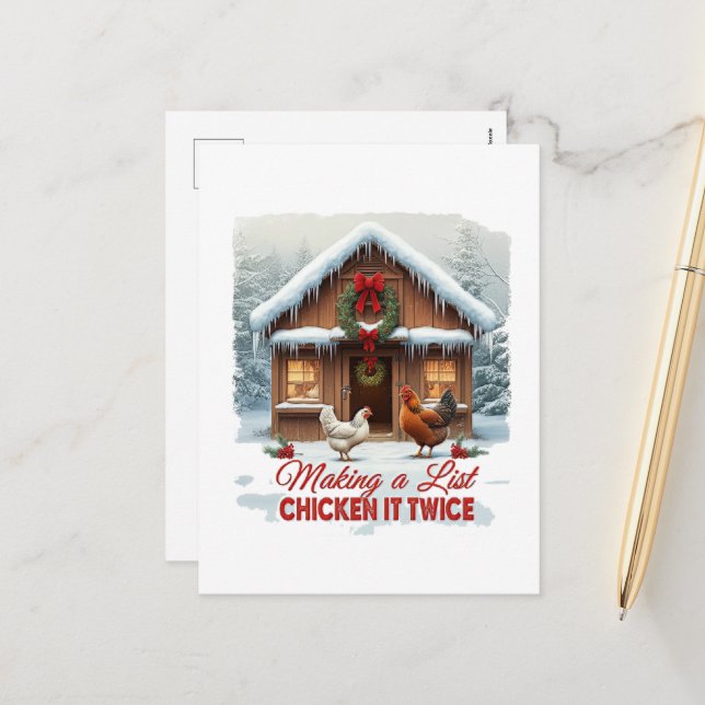 Funny Christmas chicken Santa's list  Holiday Postcard (Front/Back In Situ)