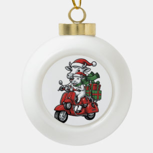 Funny Christmas Cow Riding Scooter Vintage Design_ Ceramic Ball Christmas Ornament