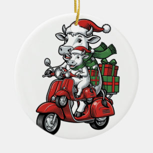 Funny Christmas Cow Riding Scooter Vintage Design_ Ceramic Ornament