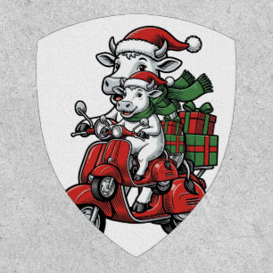 Funny Christmas Cow Riding Scooter Vintage Design_ Patch