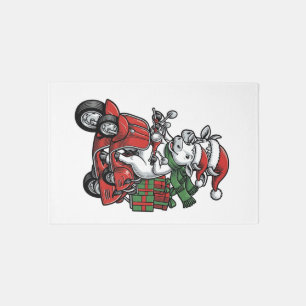 Funny Christmas Cow Riding Scooter Vintage Design_ Rug
