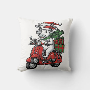Funny Christmas Cow Riding Scooter Vintage Design_ Throw Pillow