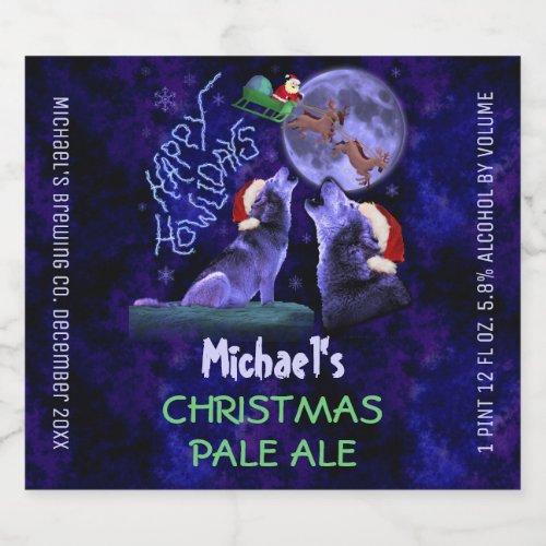 Funny Christmas Custom Homebrew Howlidays Wolves Beer Bottle Label