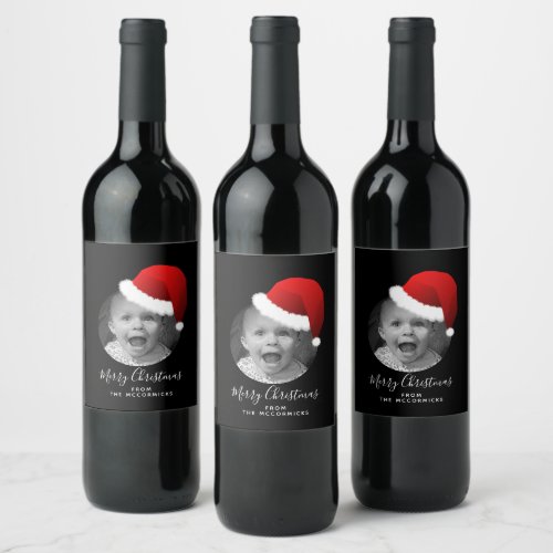 Funny Christmas Custom Photo Santa Hat Family Name Wine Label