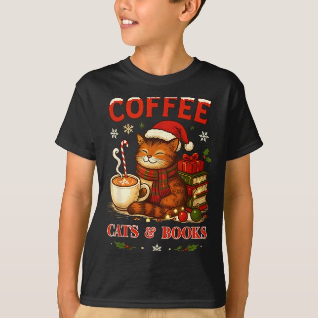 Funny Christmas Cute Coffee Cats Books Lover Women T-Shirt (Front)