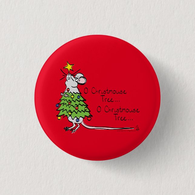 Funny Christmas Cute Mouse Tree Cartoon Button (Front)
