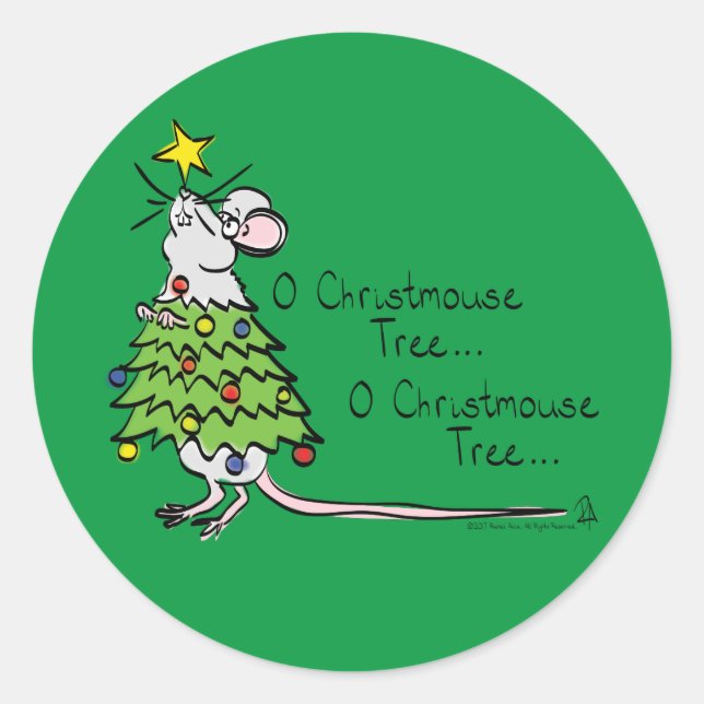Funny Christmas Cute Mouse Tree Cartoon Classic Round Sticker (Front)