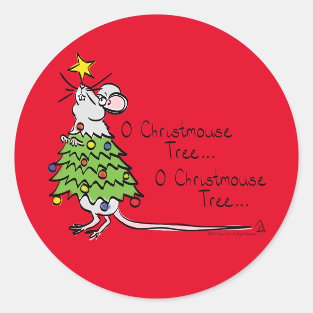 Funny Christmas Cute Mouse Tree Cartoon Classic Round Sticker (Front)