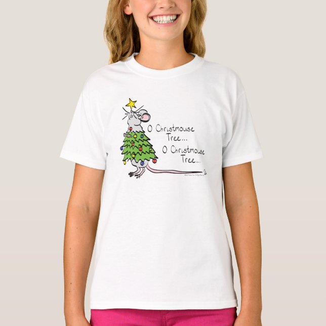 Funny Christmas Cute Mouse Tree Cartoon T-Shirt (Front)