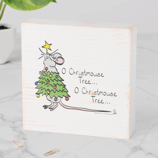 Funny Christmas Cute Mouse Tree Cartoon Wooden Box Sign (In Situ Horizontal)
