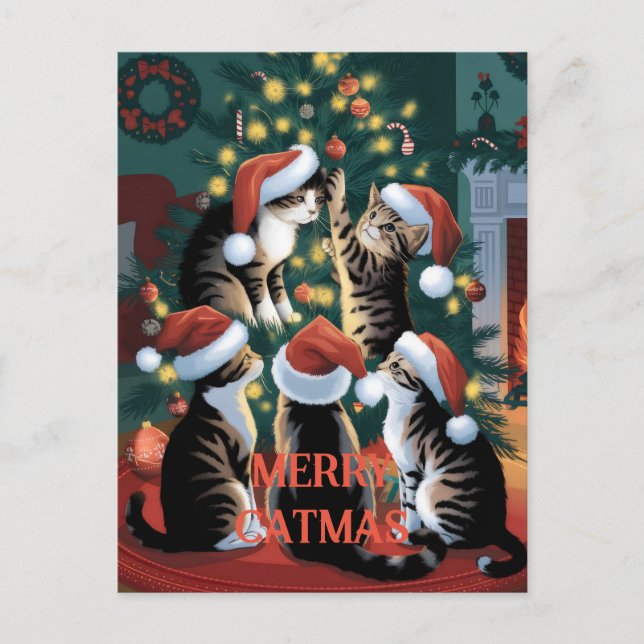 Funny Christmas Cute Vintage Cats Postcard (Front)