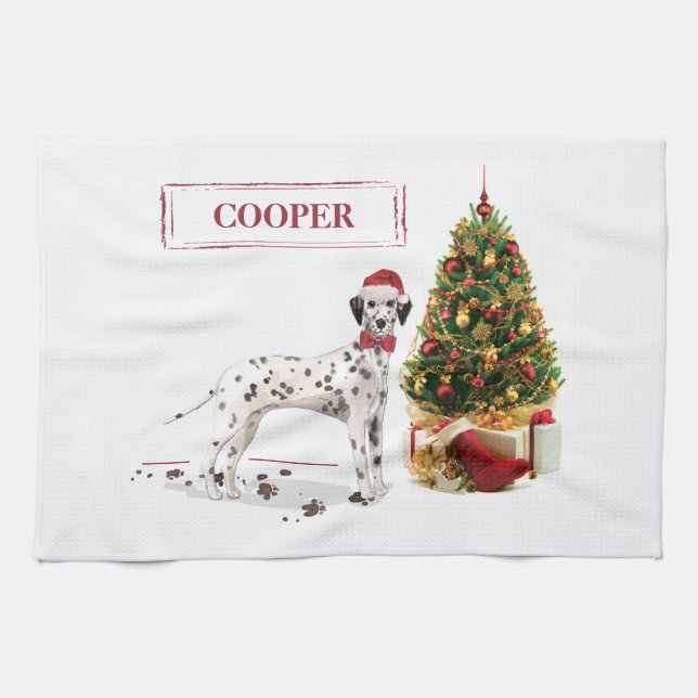 Funny Christmas Dalmatian Dog and Tree Kitchen Towel (Horizontal)