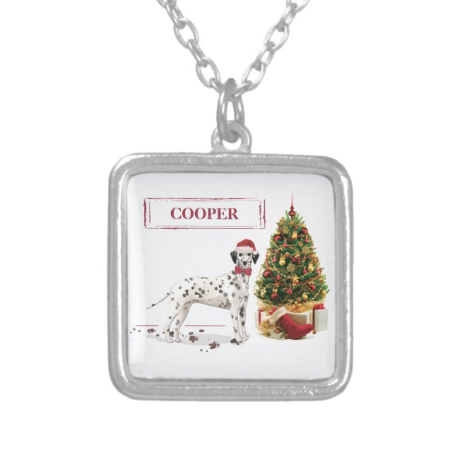Funny Christmas Dalmatian Dog and Tree Silver Plated Necklace (Front)