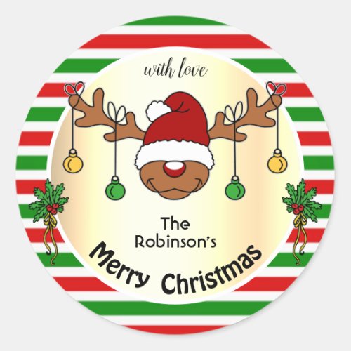 Funny Christmas Deer Red and Green Striped Custom Classic Round Sticker