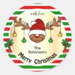 Funny Christmas Deer Red and Green Striped Custom Classic Round Sticker