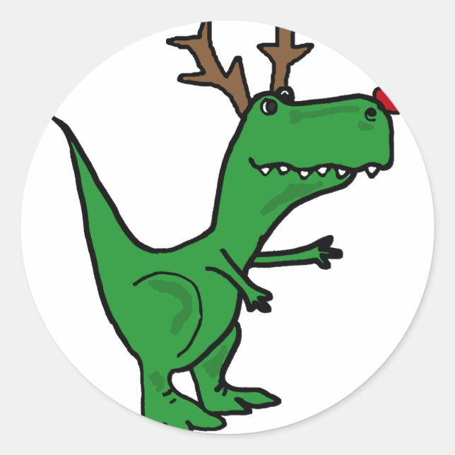 Funny Christmas Dinosaur as Reindeer Classic Round Sticker (Front)