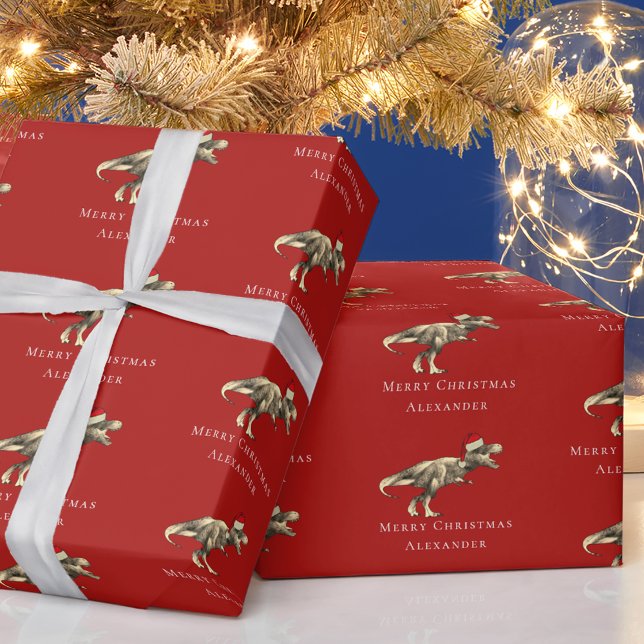 Funny Christmas Dinosaur Personalized Red Wrapping Paper (Funny christmas T-Rex dinosaur personalized boy name red holiday gift wrapping paper)