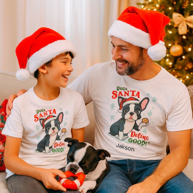 Funny Christmas Dog Boston Terrier Custom Name T-Shirt (Creator Uploaded)