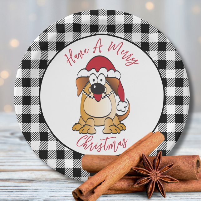 Funny Christmas Dog Cartoon Santa Hat Holiday Paper Plates (Creator Uploaded)