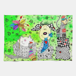 Funny Christmas Dog, Cat and Mouse Kitchen Towel