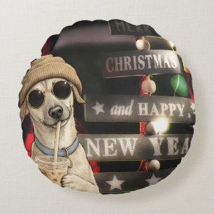 Funny Christmas Dog Drinking Bubble Tea Round Pillow
