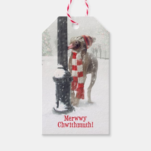 Funny Christmas Dog Licks Pole Gift Tags