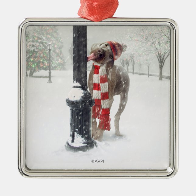 Funny Christmas Dog Licks Pole Metal Ornament (Front)