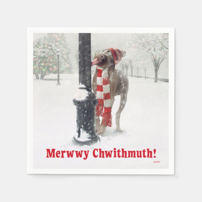 Funny Christmas Dog Licks Pole Paper Napkins (Front)
