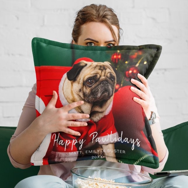 Funny Christmas Dog Puppy Photo Happy Pawlidays  Throw Pillow (Creator Uploaded)