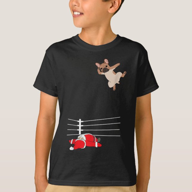 Funny Christmas Dog Xmas Wrestling Santa and Frenc T-Shirt (Front)