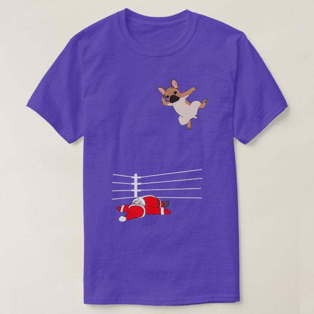 Funny Christmas Dog Xmas Wrestling Santa and Frenc T-Shirt (Design Front)