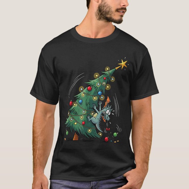 Funny Christmas Dragon Wrecking The Tree Holiday P T-Shirt (Front)