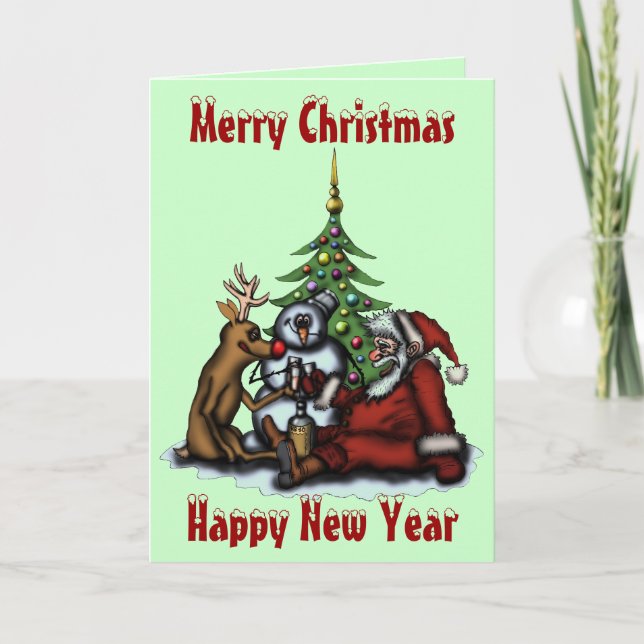 Funny Christmas drinking party cartoon art card (Front)