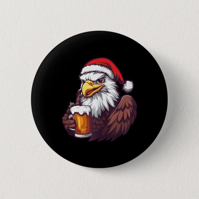 Funny Christmas Eagle With Beer Comic  Button (Front)