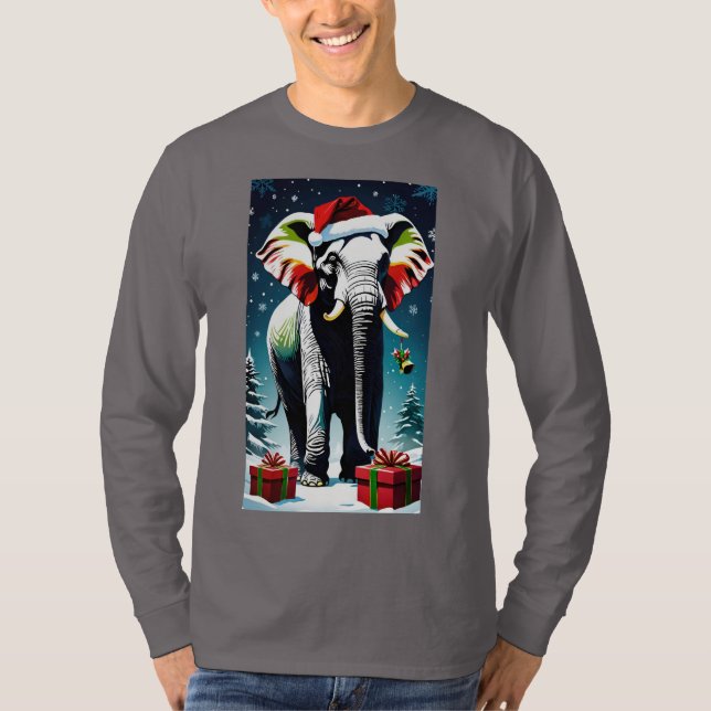 Funny Christmas Elephant In Santa Hat T-Shirt (Front)