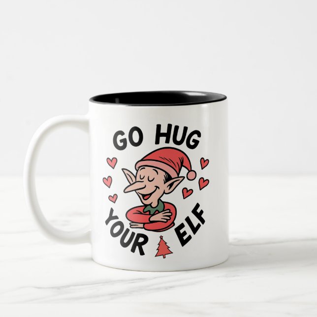 Funny Christmas Elf – Go Hug Your Elf Holiday Gift Two-Tone Coffee Mug (Left)