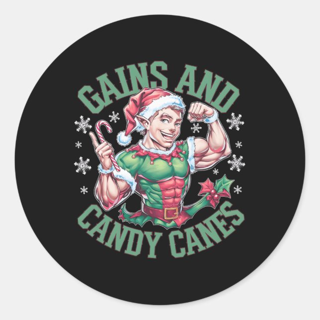 Funny Christmas Elf Gym Workout Gains And Candy Ca Classic Round Sticker (Front)