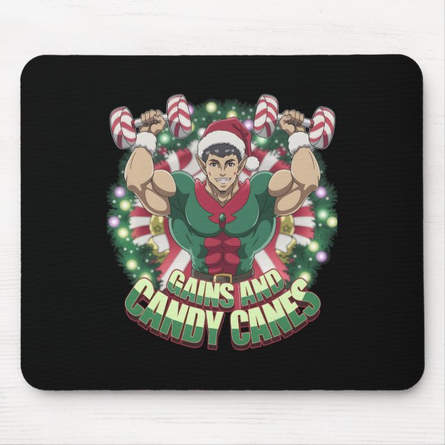 Funny Christmas Elf Gym Workout Gains And Candy Ca Mouse Pad (Front)