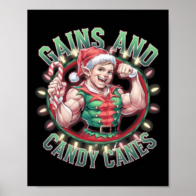 Funny Christmas Elf Gym Workout Gains And Candy Ca Poster (Front)