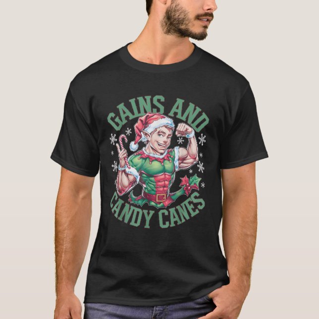 Funny Christmas Elf Gym Workout Gains and Candy Ca T-Shirt (Front)