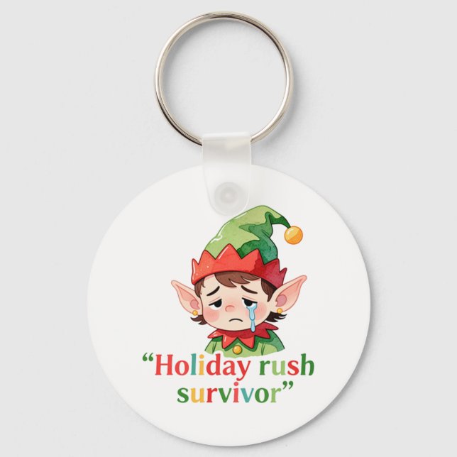 Funny Christmas Elf Holiday Rush Survivor Sarcasm Keychain (Front)
