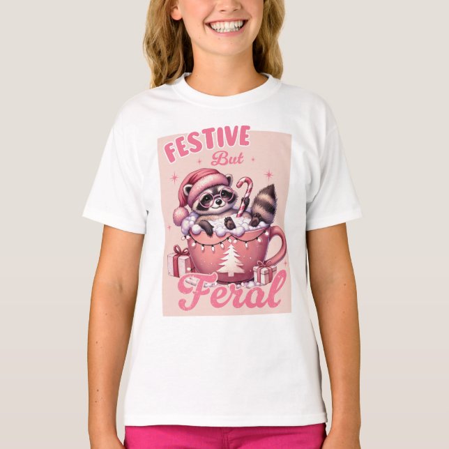 Funny Christmas Festive but Feral Raccoon  T-Shirt (Front)