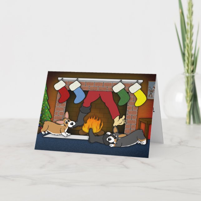 Funny Christmas Fireplace Corgis Christmas Card (Front)