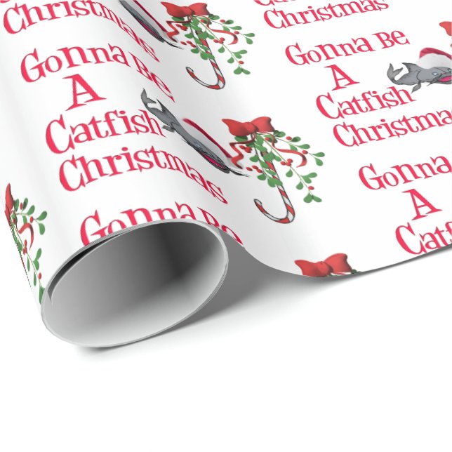 Funny Christmas Fishing ♫♥  Catfish Christmas Gold Wrapping Paper (Roll Corner)