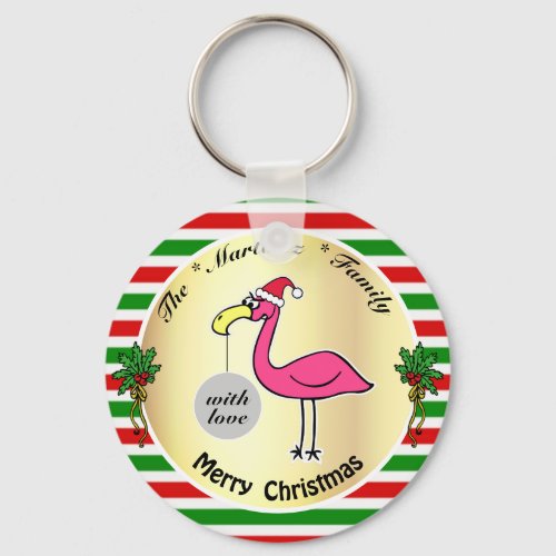 Funny Christmas Flamingo Cartoon Red Green Stripes Keychain