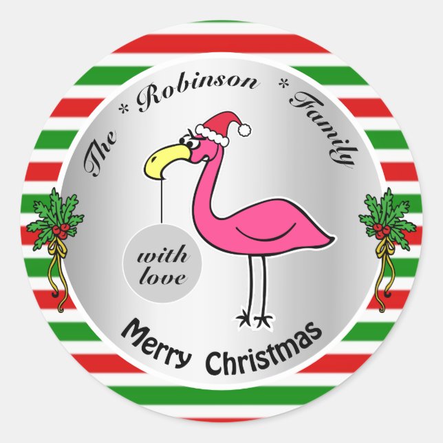 Funny Christmas Flamingo Red and Green Cute Humor Classic Round Sticker (Front)