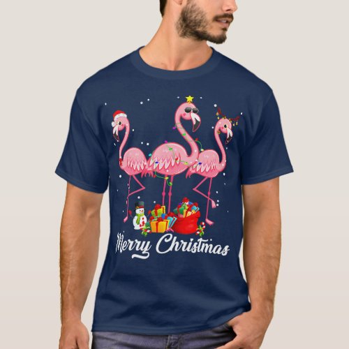 Funny Christmas Flamingo Reindeers Christmas Light T_Shirt