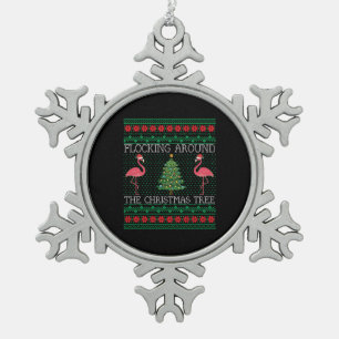 Funny Christmas Flamingo Ugly Christmas Sweater Snowflake Pewter Christmas Ornament