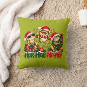 Funny Christmas Frogs Santa Hats Throw Pillow